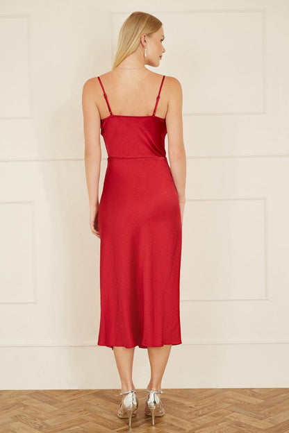Yumi Red Satin Cowl Neck Midi Slip Dress