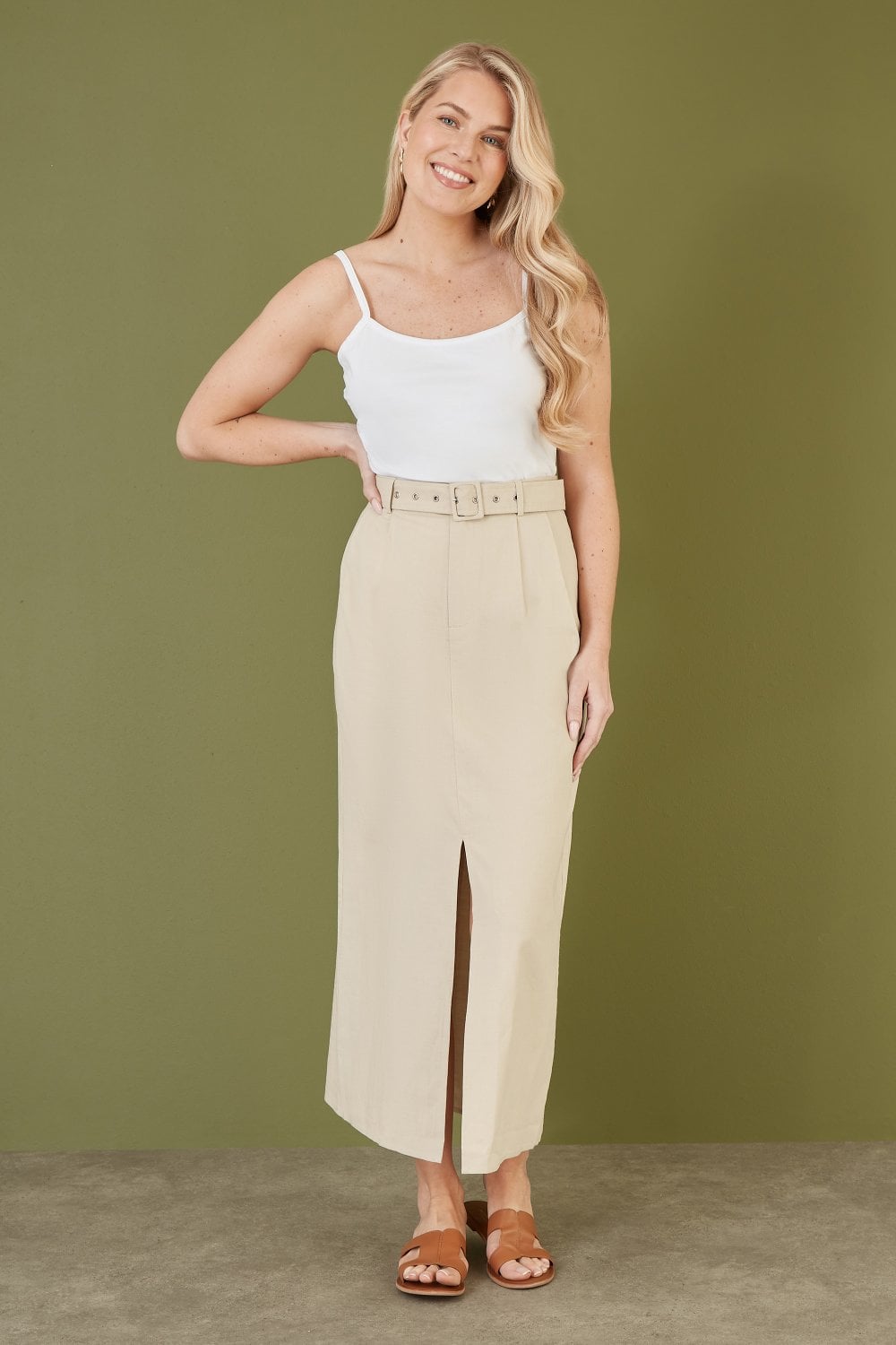 Yumi Stone Cotton Midi Skirt With Belt And Split Hem