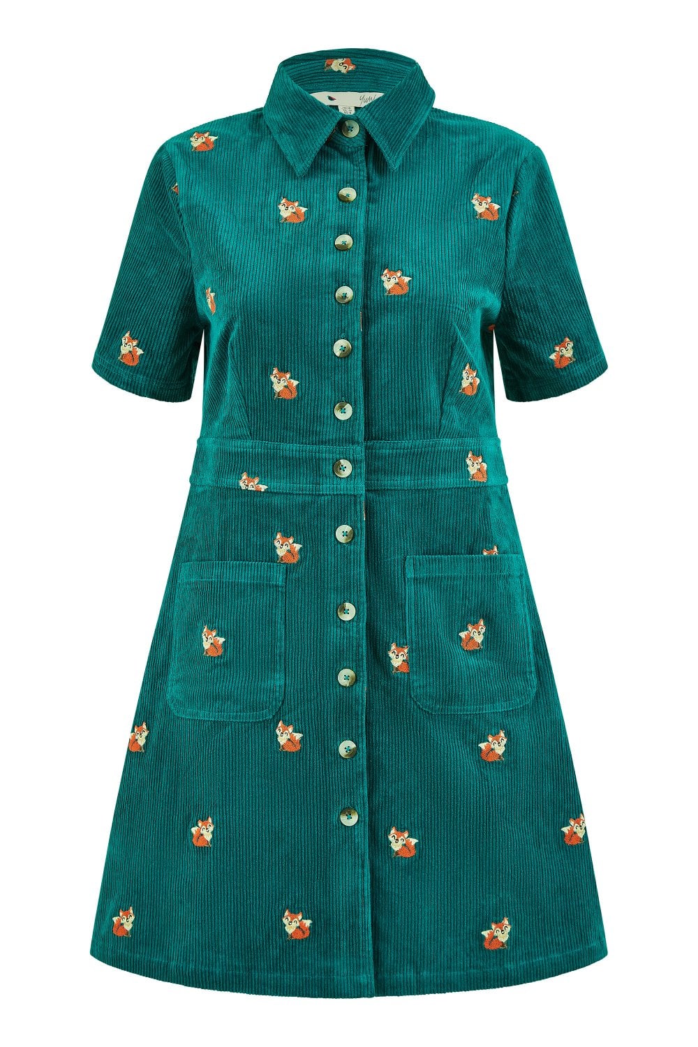 Yumi Teal Cord Shirt Dress With All Over Fox Embroidery