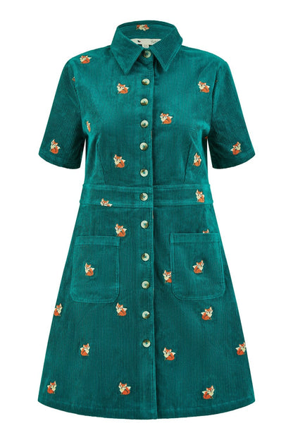 Yumi Teal Cord Shirt Dress With All Over Fox Embroidery