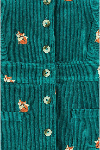 Yumi Teal Cord Shirt Dress With All Over Fox Embroidery