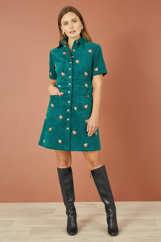 Yumi Teal Cord Shirt Dress With All Over Fox Embroidery