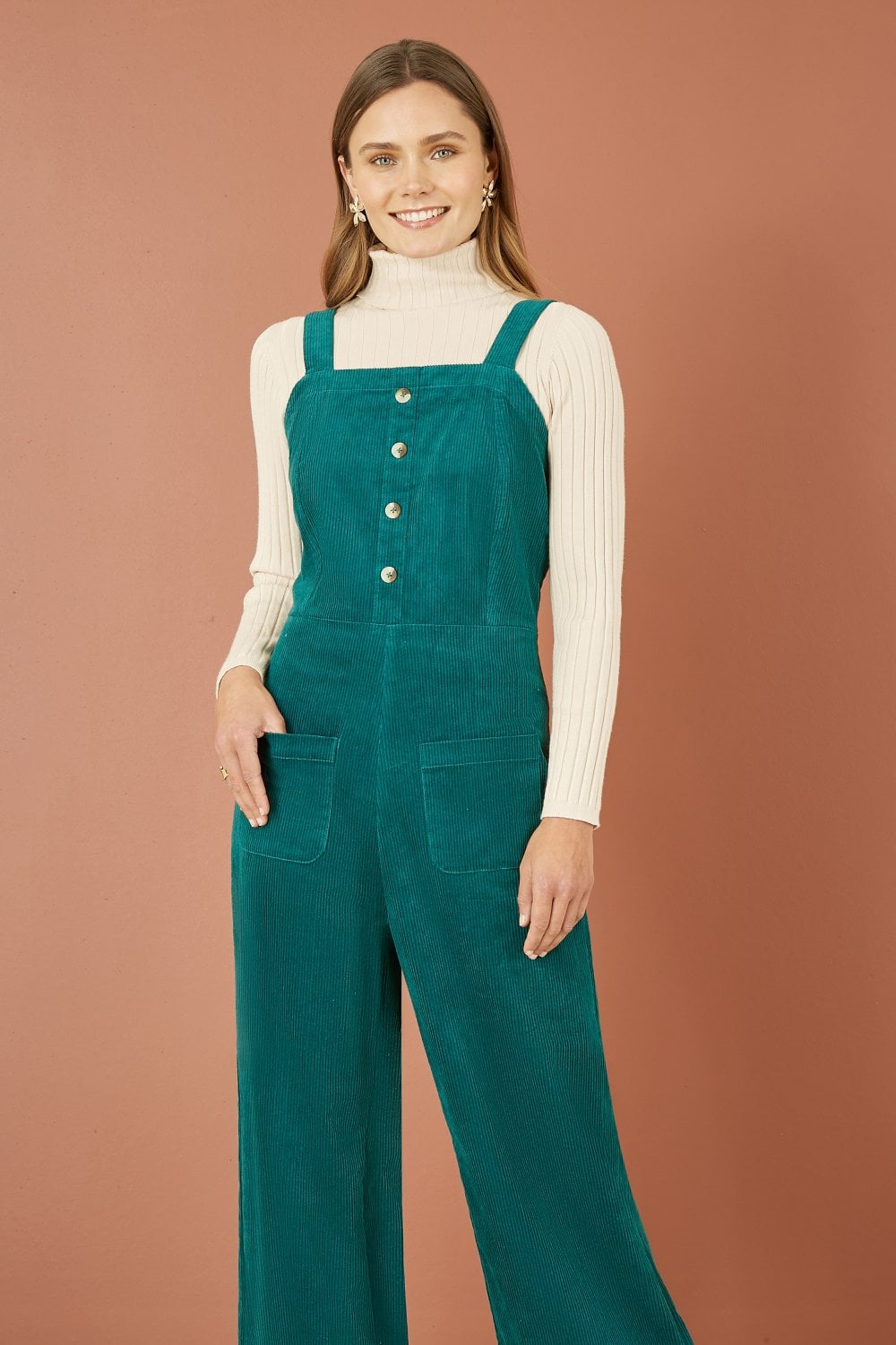Yumi Teal Cord Stretch Dungaree Style Jumpsuit