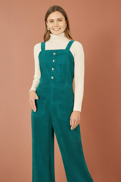 Yumi Teal Cord Stretch Dungaree Style Jumpsuit
