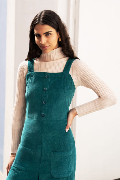 Yumi Teal Cord Stretch Dungaree Style Jumpsuit