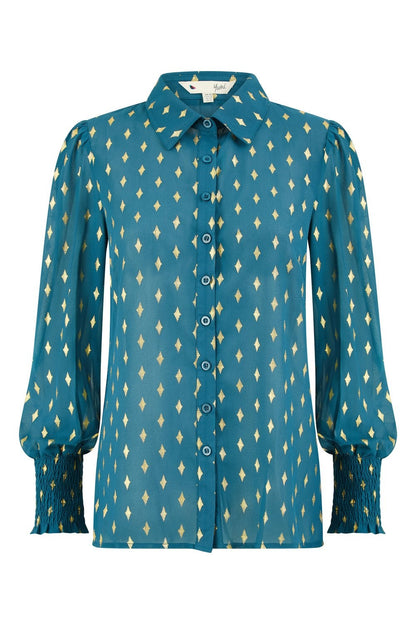 Yumi Teal Diamond Foil Print Top With Ruched Cuff