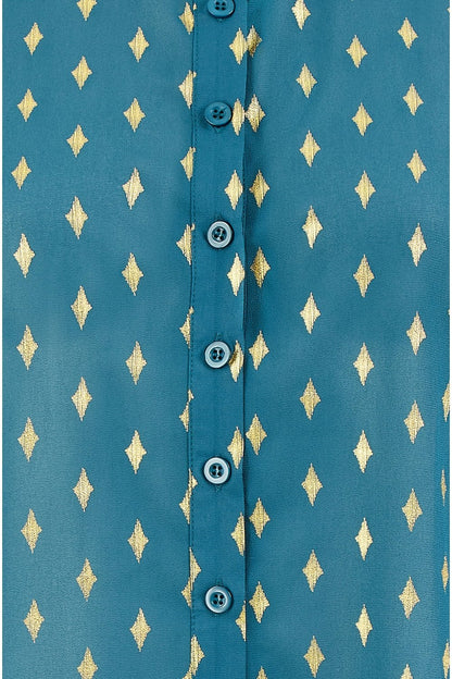 Yumi Teal Diamond Foil Print Top With Ruched Cuff