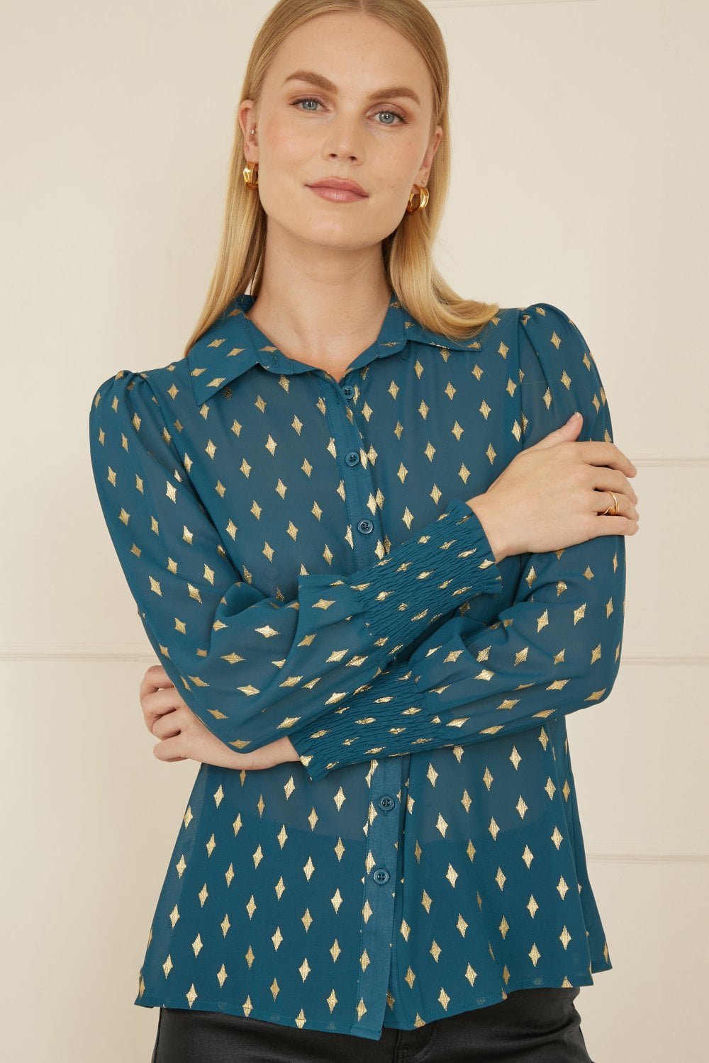 Yumi Teal Diamond Foil Print Top With Ruched Cuff