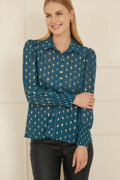 Yumi Teal Diamond Foil Print Top With Ruched Cuff