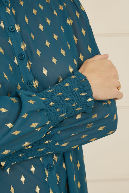 Yumi Teal Diamond Foil Print Top With Ruched Cuff