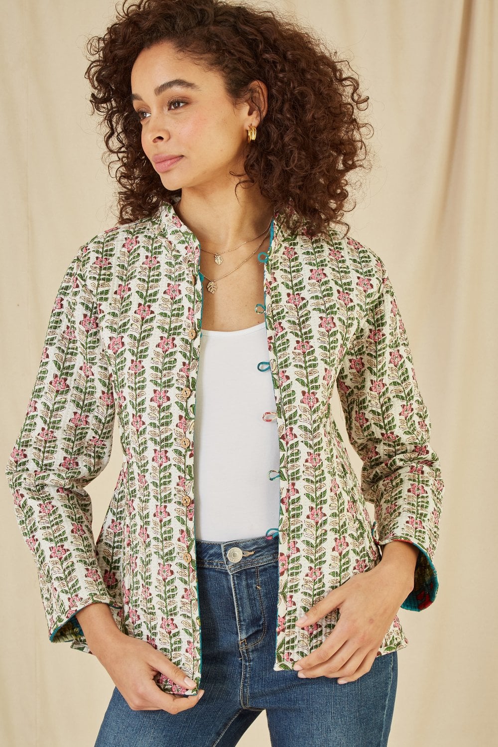 Yumi Teal Floral Print Reversible Cotton Quilted Jacket
