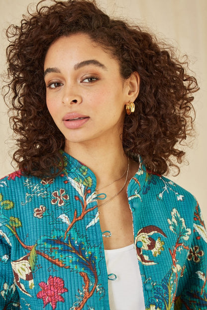 Yumi Teal Floral Print Reversible Cotton Quilted Jacket