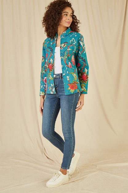 Yumi Teal Floral Print Reversible Cotton Quilted Jacket