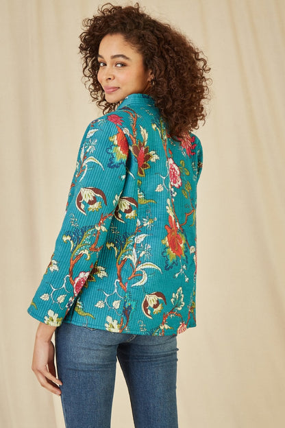 Yumi Teal Floral Print Reversible Cotton Quilted Jacket