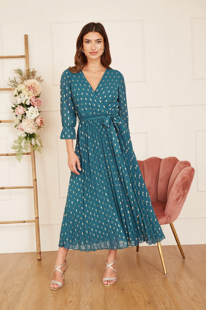 Yumi Teal Foil Printed Pleated Wrap Midi Dress