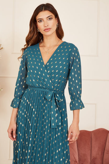 Yumi Teal Foil Printed Pleated Wrap Midi Dress
