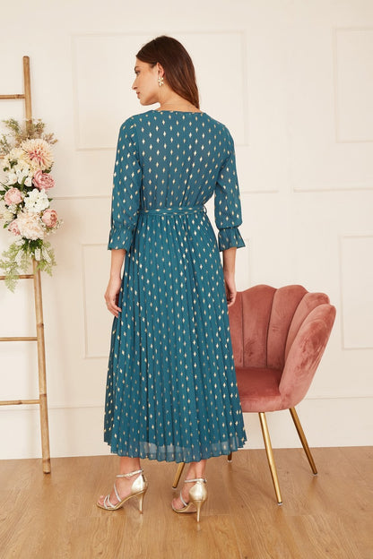 Yumi Teal Foil Printed Pleated Wrap Midi Dress