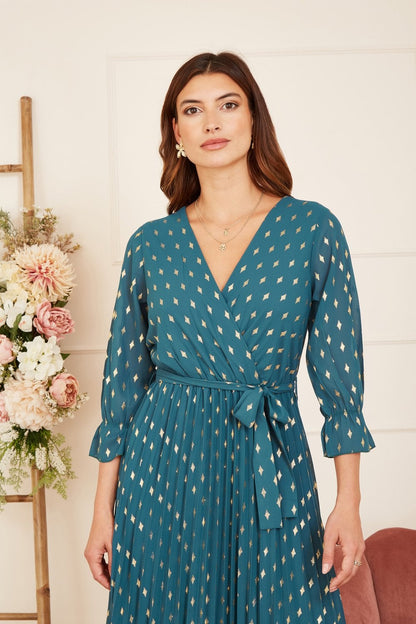 Yumi Teal Foil Printed Pleated Wrap Midi Dress