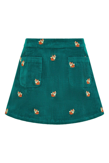 Yumi Teal Fox Embroidered Cord Mini Skirt