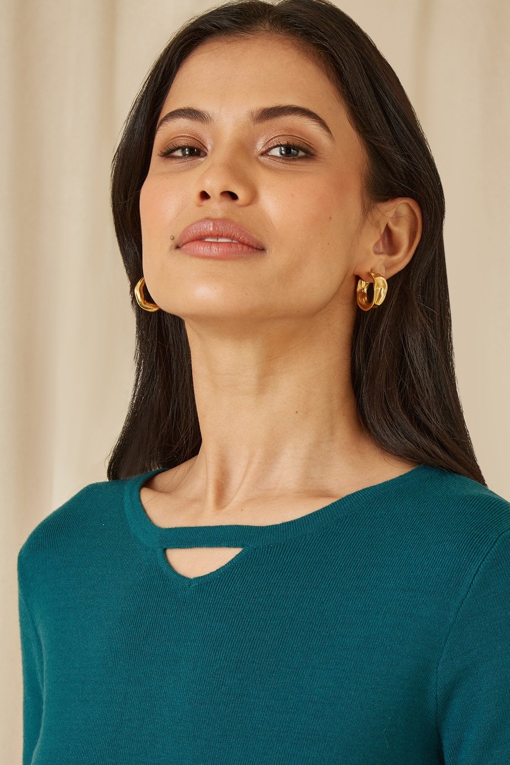 Yumi Teal Knitted Pleated Skater Dress With Notch Neckline