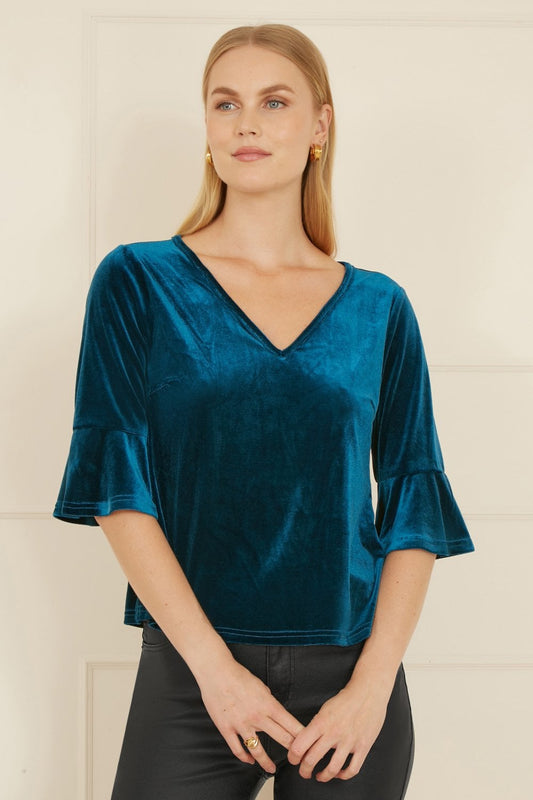Yumi Teal Velvet Relaxed Fit Top With Fluted Sleeves