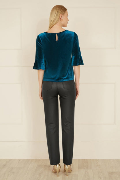 Yumi Teal Velvet Relaxed Fit Top With Fluted Sleeves
