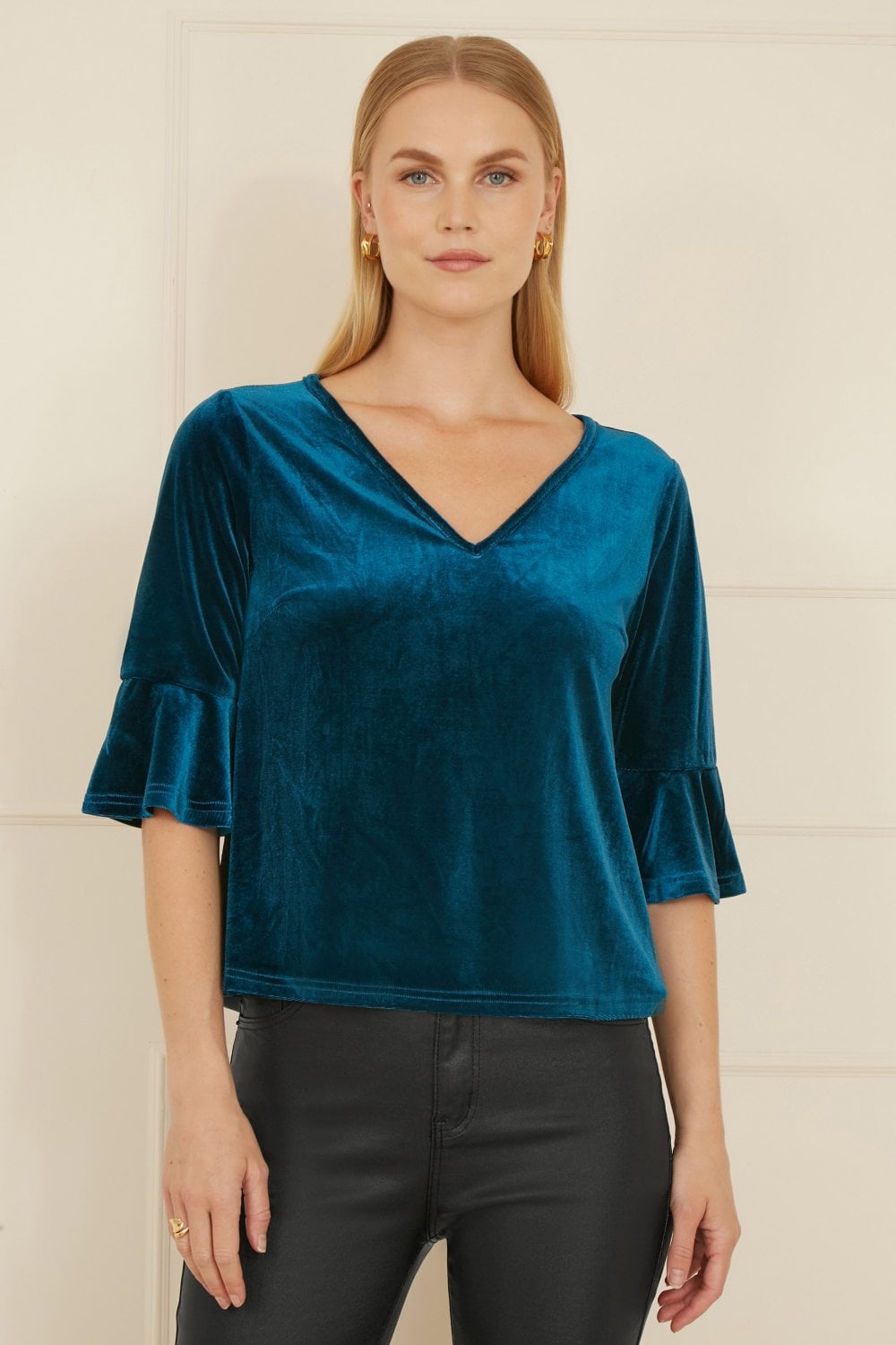Yumi Teal Velvet Relaxed Fit Top With Fluted Sleeves
