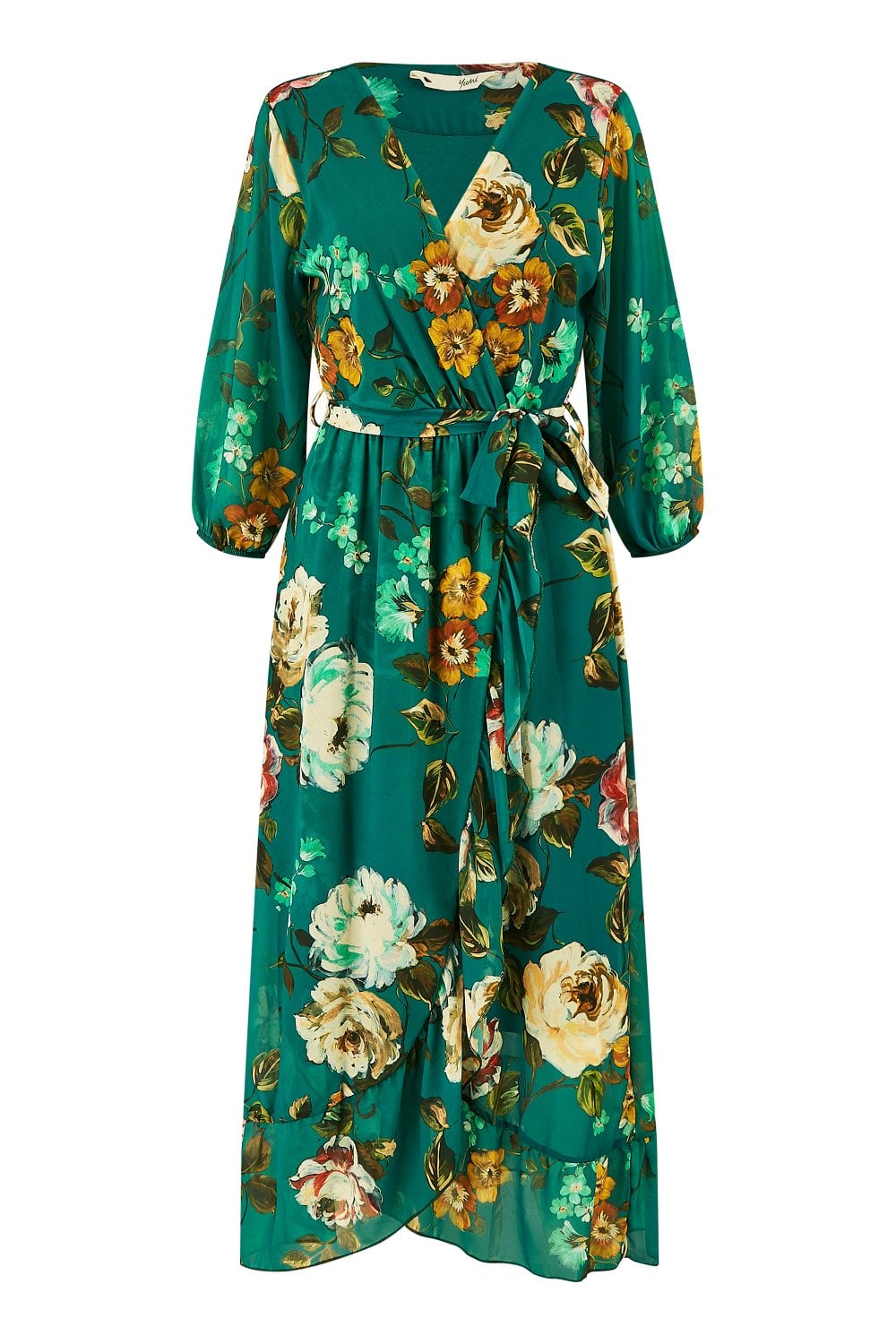 Yumi Teal Watercolour Dip Hem Midi Wrap Dress