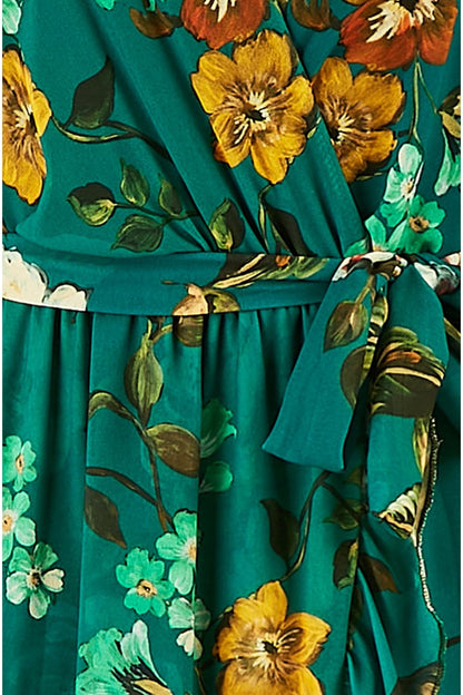 Yumi Teal Watercolour Dip Hem Midi Wrap Dress