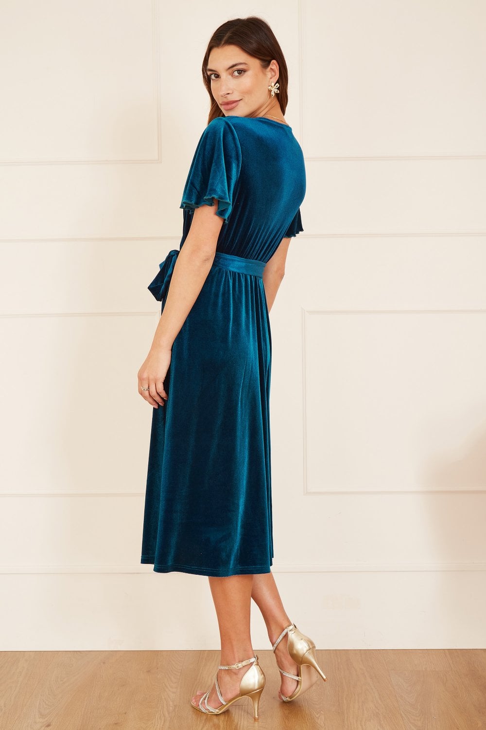 Yumi Teal Wrap Over Midi Dress With Angel Sleeves and Split Hem