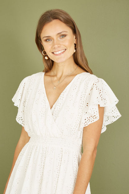 Yumi White Cotton Broderie Anglaise Wrap Midi Dress