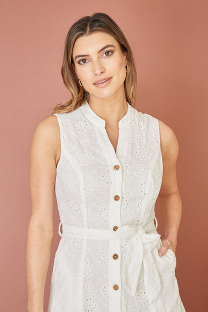 Yumi White Flower Broderie Anglaise Cotton Shirt Dress