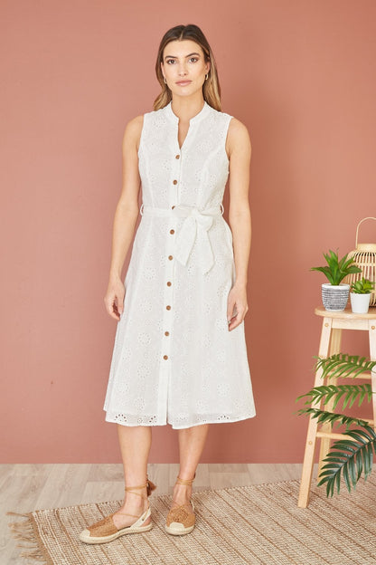 Yumi White Flower Broderie Anglaise Cotton Shirt Dress