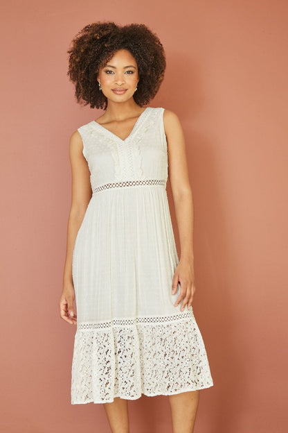 Yumi White Lace And Dobby Cotton Midi Sundress Dress