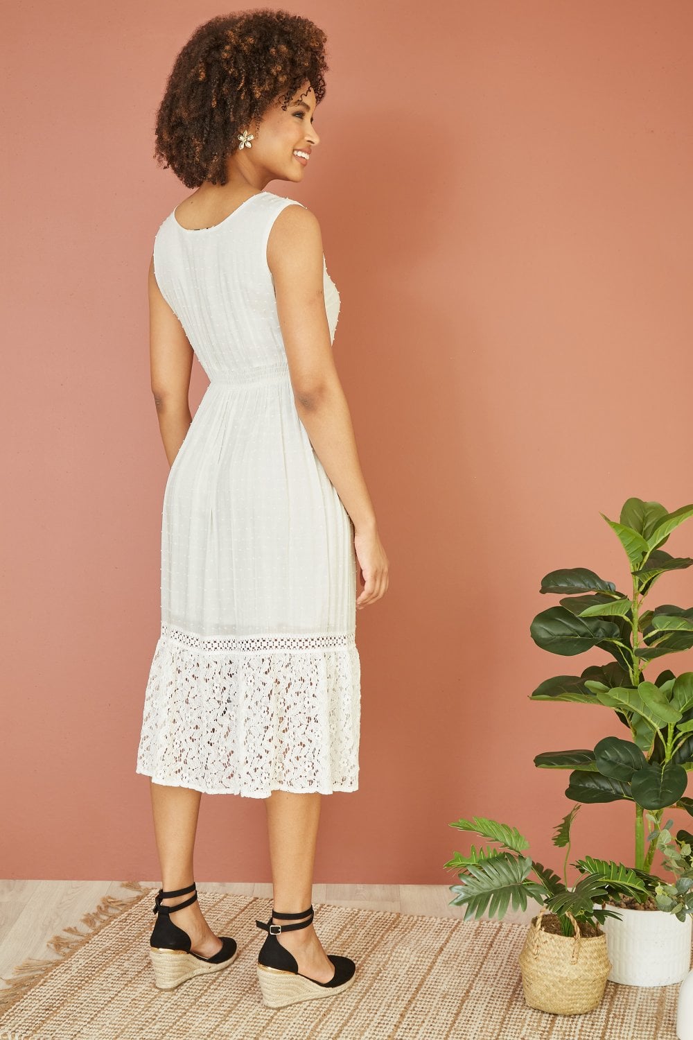 Yumi White Lace And Dobby Cotton Midi Sundress Dress