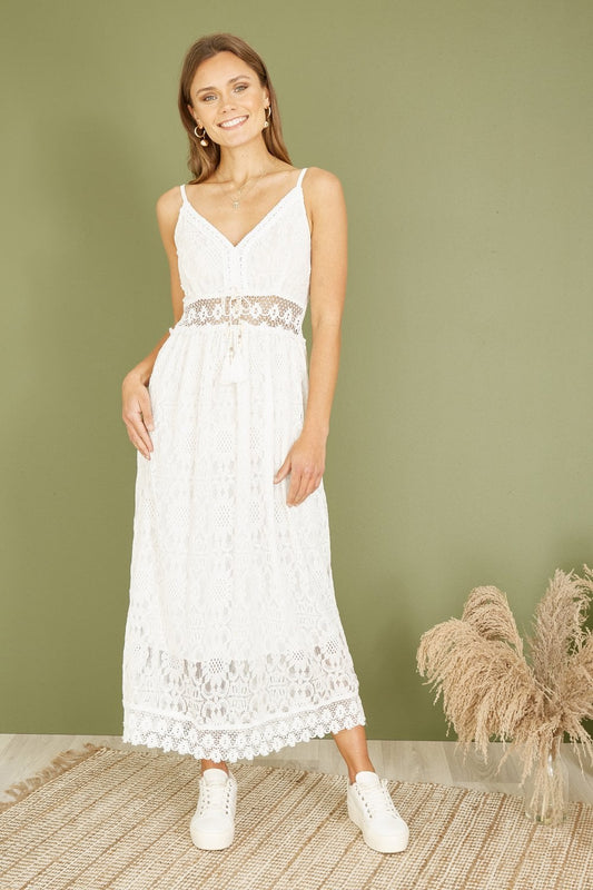 Yumi White Lace Midi Sundress With Tassel Tie and Ruched Back