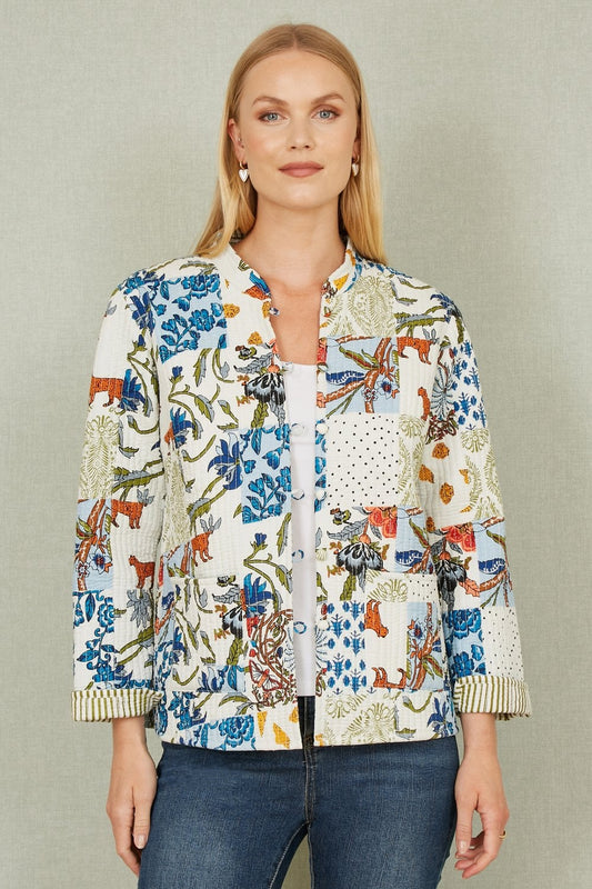 Yumi White Patchwork Print Reversible Cotton Quilted Jacket