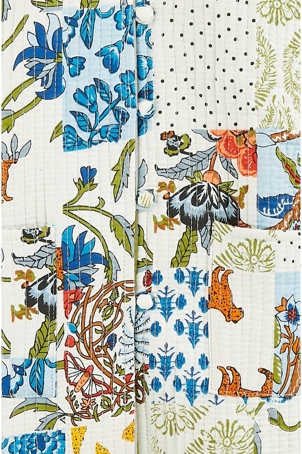 Yumi White Patchwork Print Reversible Cotton Quilted Jacket