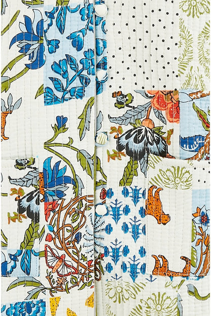 Yumi White Patchwork Print Reversible Cotton Quilted Jacket