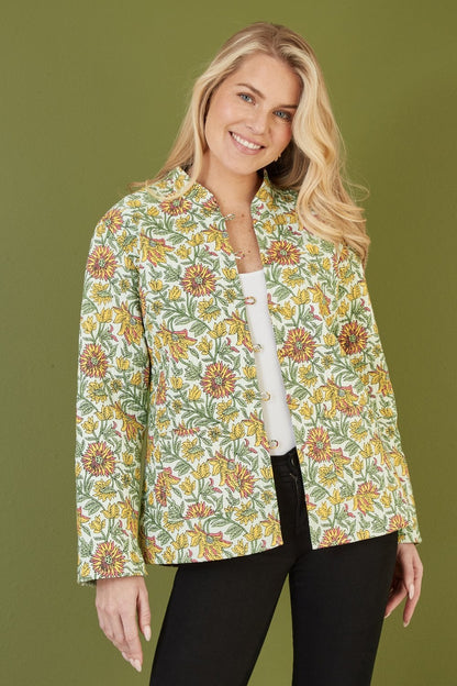 Yumi Yellow Floral Print Reversible Cotton Quilted Jacket