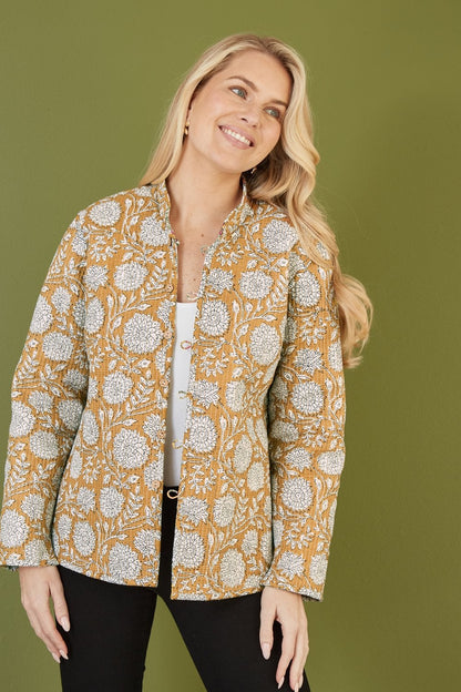 Yumi Yellow Floral Print Reversible Cotton Quilted Jacket